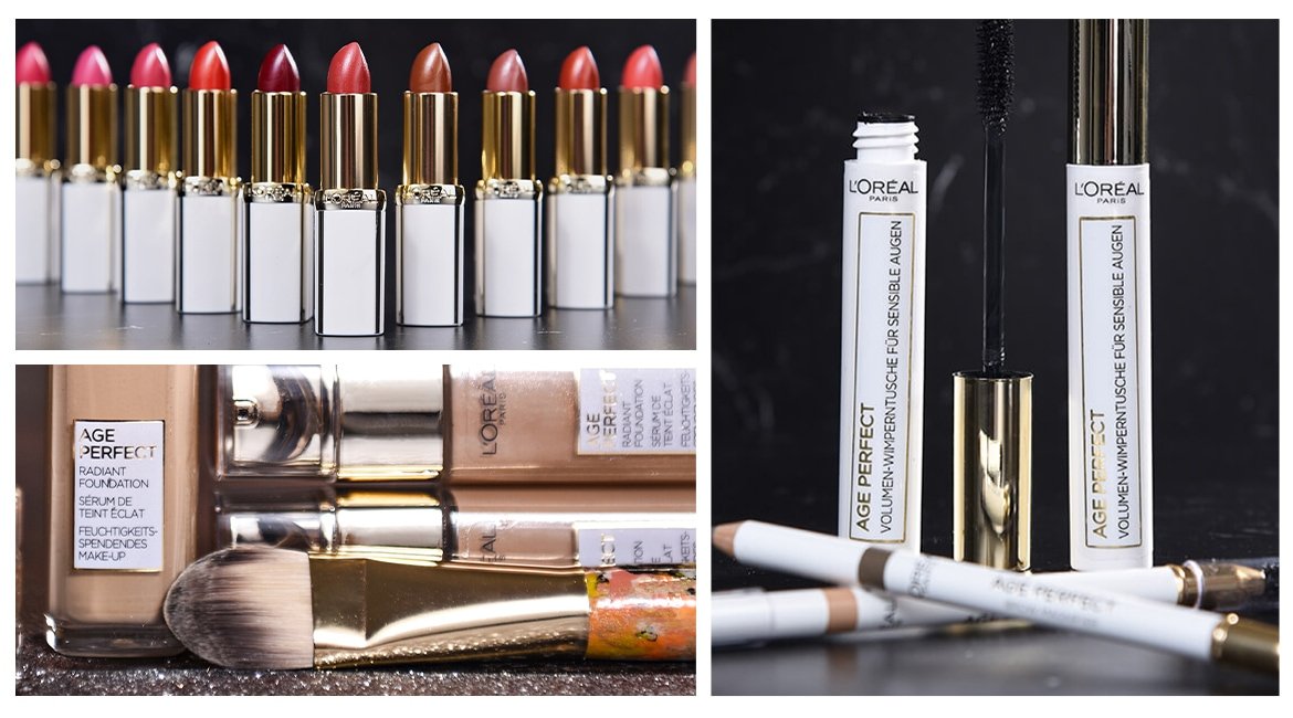 Collage mit verschiedenen Age Perfect Make-Up Produkten
